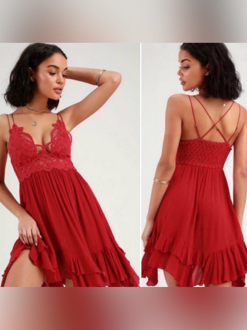 Free People Adella Slip Dress Dark Cherry Red Sz M Lace Boho Babydoll Mini Dress - Picture 3 of 9
